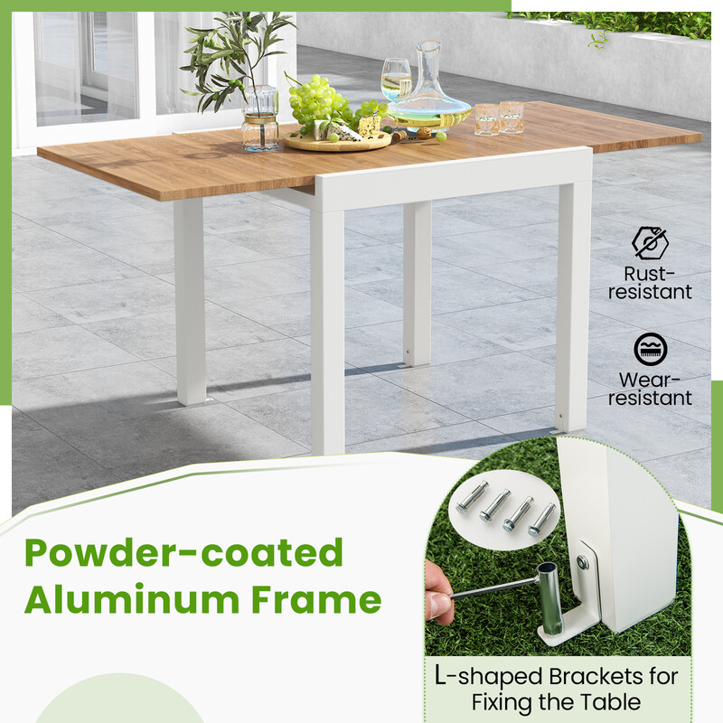 Utdragbart matbord i aluminium för trädgård och uteplats, väderbeständigt och stilrent designat.