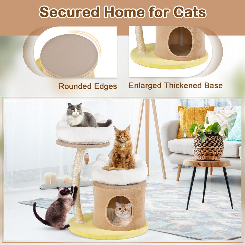 Kattträd 83 cm med klöspelare, kattgrotta, leksak och mjuka kuddar