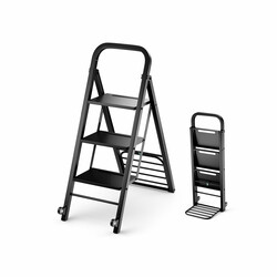 2-i-1 hopfällbar handvagn och stege med metallkonstruktion och svängbara hjul svart