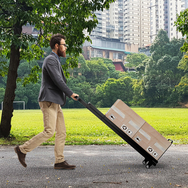 2-i-1 hopfällbar handvagn och stege med metallkonstruktion och svängbara hjul svart