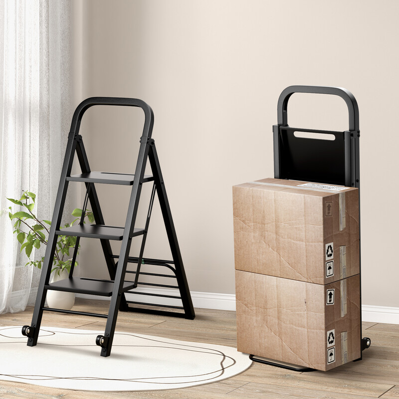 2-i-1 hopfällbar handvagn och stege med metallkonstruktion och svängbara hjul svart