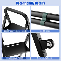 2-i-1 hopfällbar handvagn och stege med metallkonstruktion och svängbara hjul svart