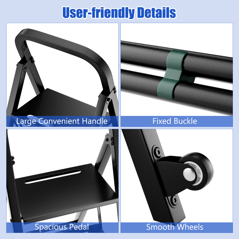 2-i-1 hopfällbar handvagn och stege med metallkonstruktion och svängbara hjul svart
