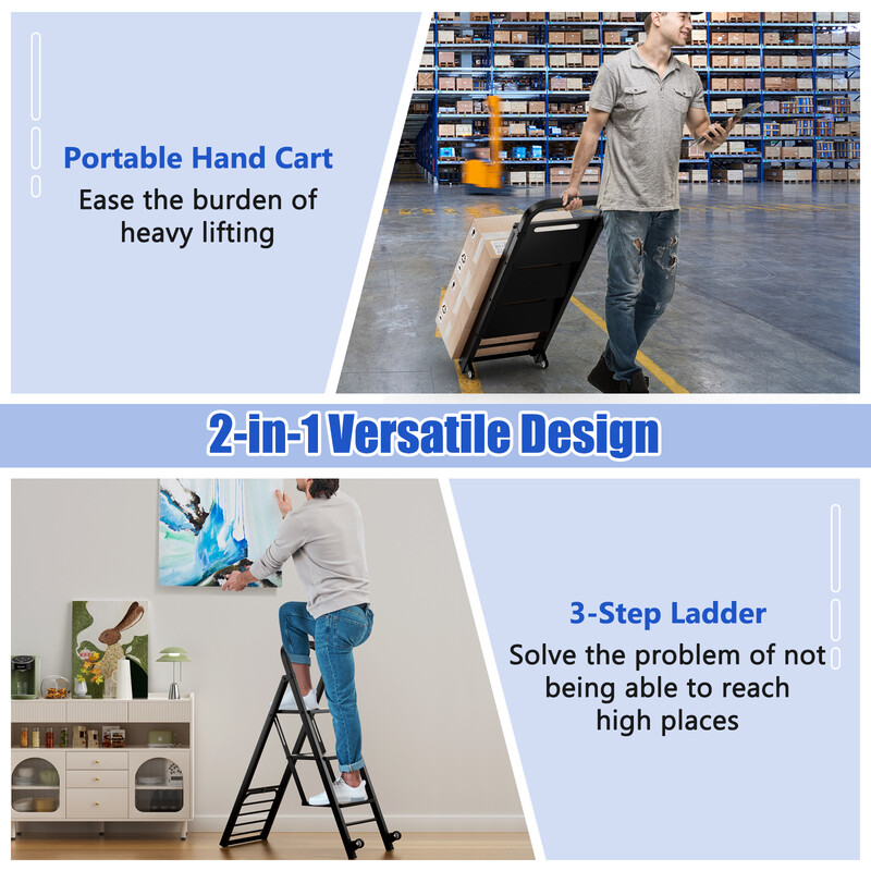 2-i-1 hopfällbar handvagn och stege med metallkonstruktion och svängbara hjul svart