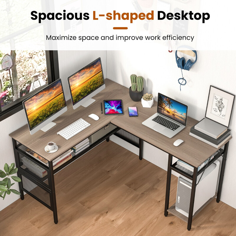 L-format skrivbord med laddstation och gallerhyllor för hemmakontor