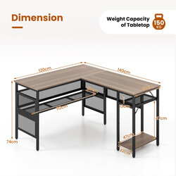 L-format skrivbord med laddstation och gallerhyllor för hemmakontor