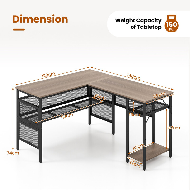 L-format skrivbord med laddstation och gallerhyllor för hemmakontor
