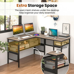 L-format skrivbord med laddstation och gallerhyllor för hemmakontor