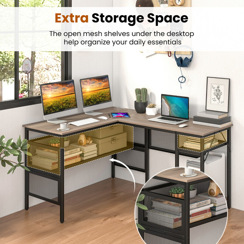 L-format skrivbord med laddstation och gallerhyllor för hemmakontor