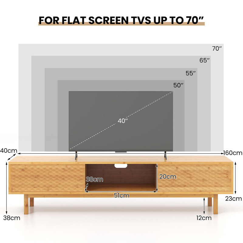 Bambutv-bord med skjutdörrar för TV upp till 70 tum och tre förvaringsfack