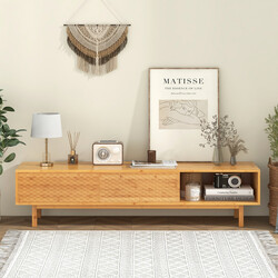 Bambutv-bord med skjutdörrar för TV upp till 70 tum och tre förvaringsfack