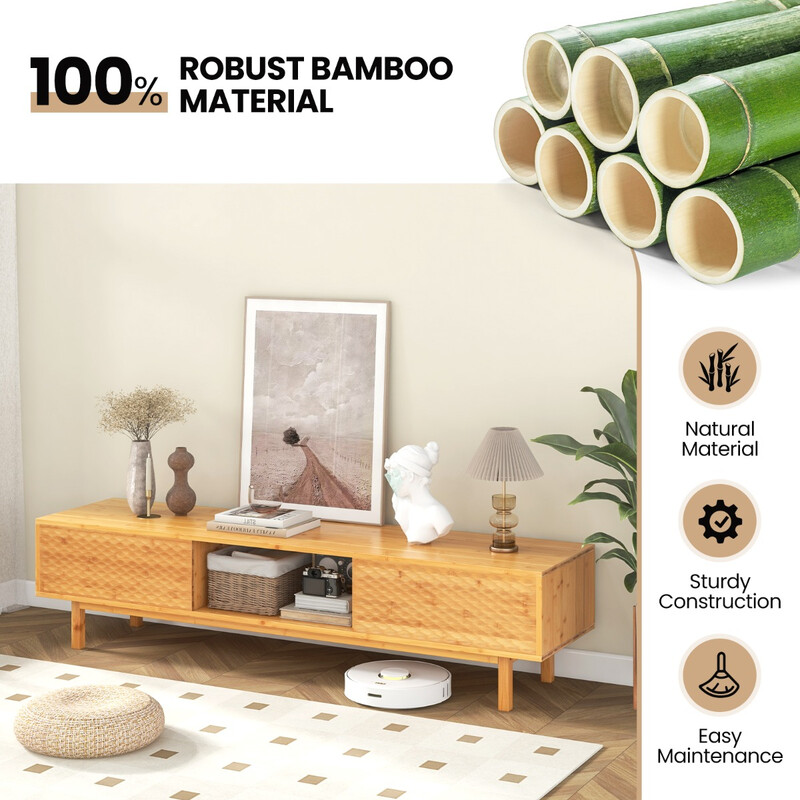 Bambutv-bord med skjutdörrar för TV upp till 70 tum och tre förvaringsfack