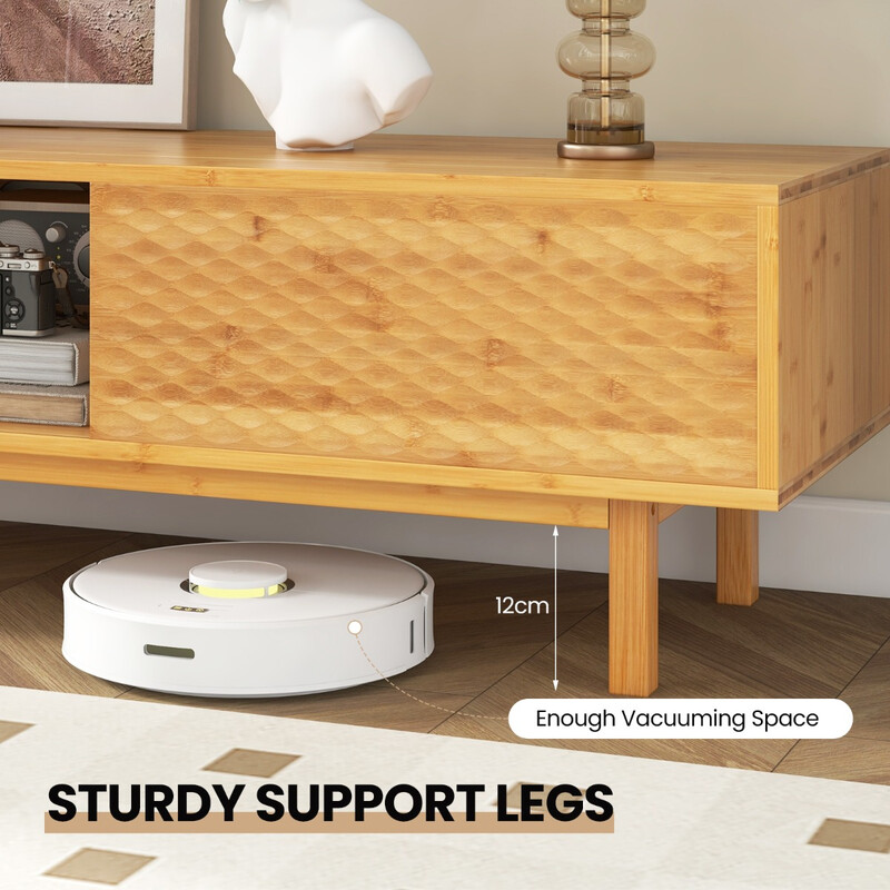 Bambutv-bord med skjutdörrar för TV upp till 70 tum och tre förvaringsfack