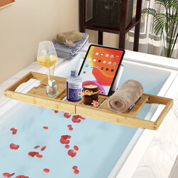 Justerbar badhylla i bambu med bokstöd och vinglasstöd för badkar