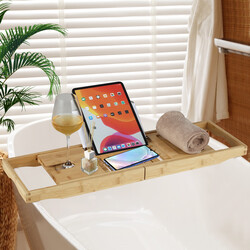 Justerbar badhylla i bambu med bokstöd och vinglasstöd för badkar