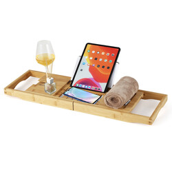 Justerbar badhylla i bambu med bokstöd och vinglasstöd för badkar