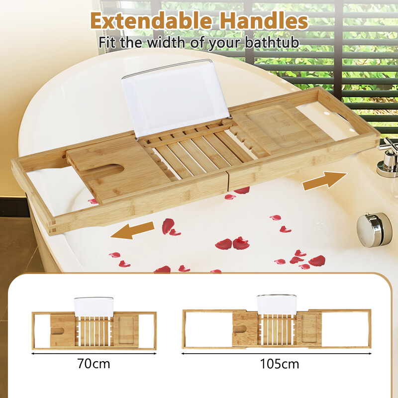 Justerbar badhylla i bambu med bokstöd och vinglasstöd för badkar