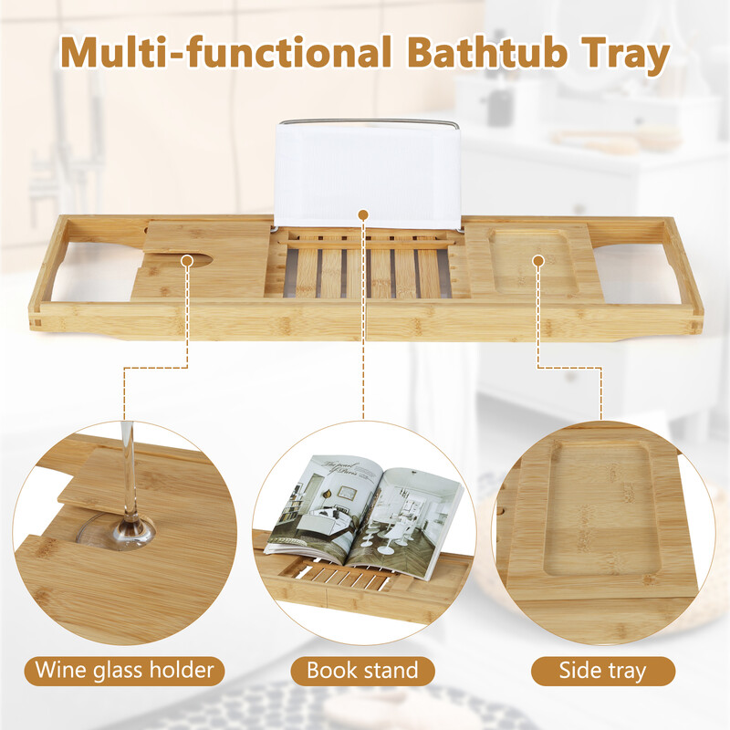 Justerbar badhylla i bambu med bokstöd och vinglasstöd för badkar