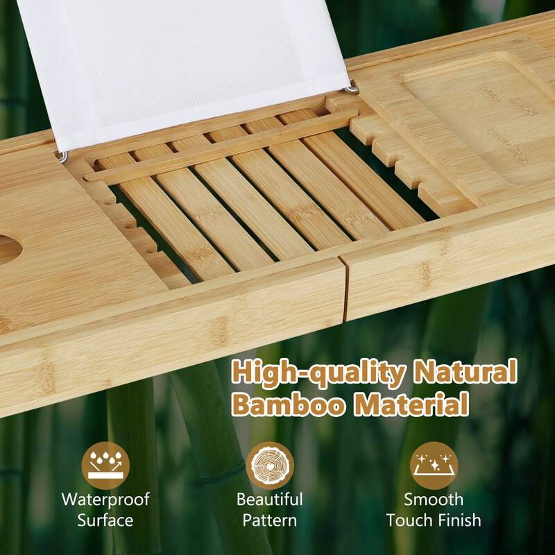 Justerbar badhylla i bambu med bokstöd och vinglasstöd för badkar