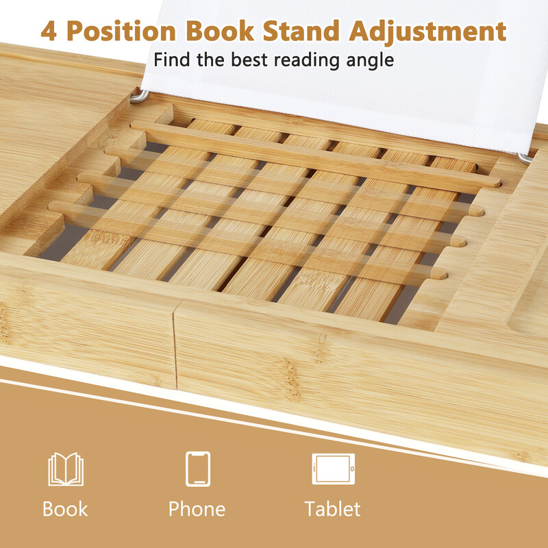 Justerbar badhylla i bambu med bokstöd och vinglasstöd för badkar