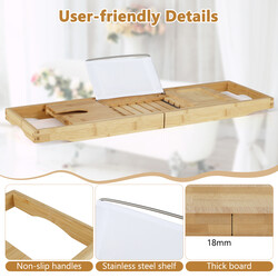 Justerbar badhylla i bambu med bokstöd och vinglasstöd för badkar