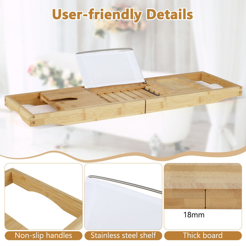 Justerbar badhylla i bambu med bokstöd och vinglasstöd för badkar