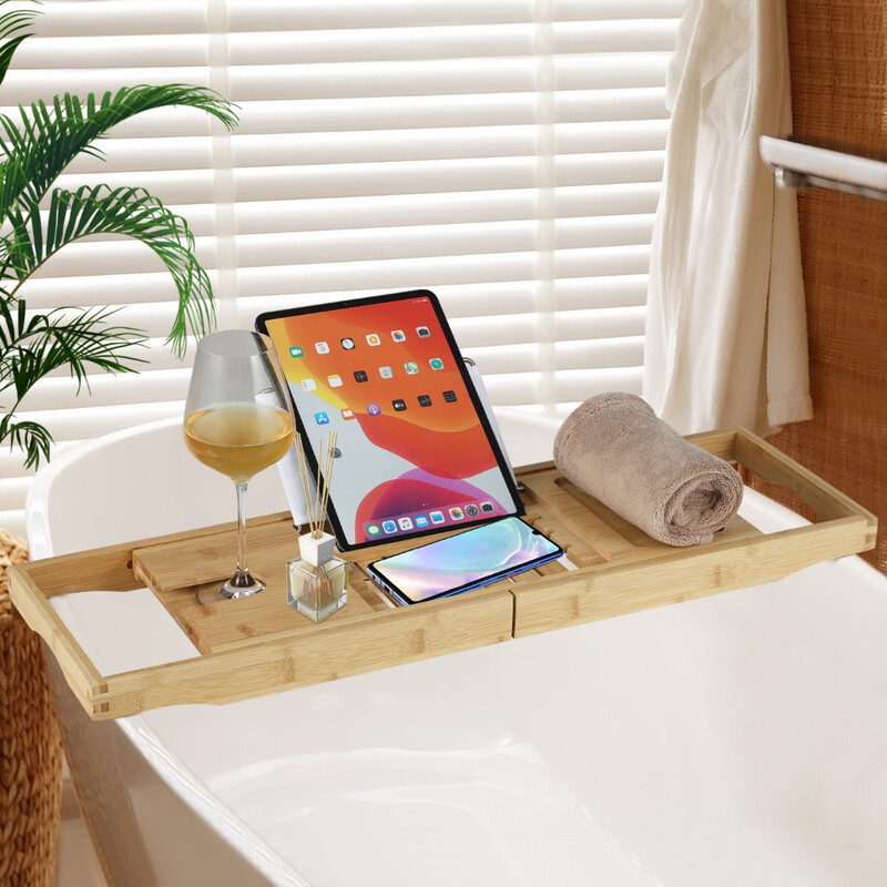 Justerbar badhylla i bambu med bokstöd och vinglasstöd för badkar