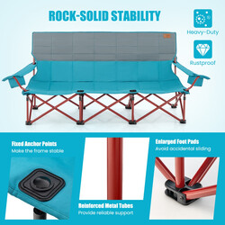 Campingstol för tre personer med vadderad sits och mugghållare, 450 kg kapacitet, blå