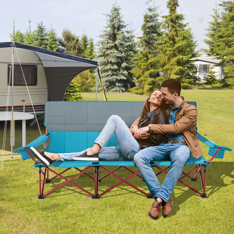 Campingstol för tre personer med vadderad sits och mugghållare, 450 kg kapacitet, blå