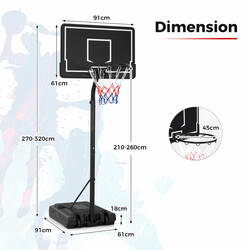 Justerbar basketställning för utomhusbruk med hjul, höjd 210-260 cm, svart