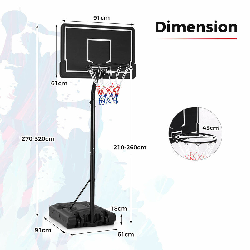 Justerbar basketställning för utomhusbruk med hjul, höjd 210-260 cm, svart