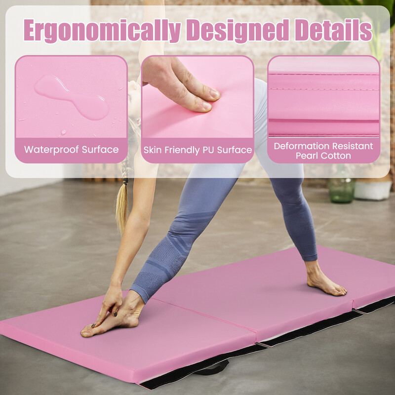 Vikbar gymnastikmatta med handtag och halkfri yta 180 x 60 x 5 cm rosa