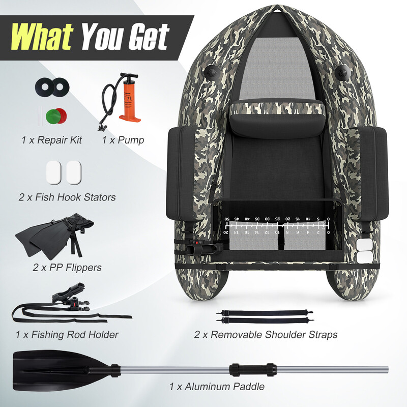 Uppblåsbar fiskeflotte med justerbart ryggstöd och spöhållare 135 x 109 x 54 cm kamouflage