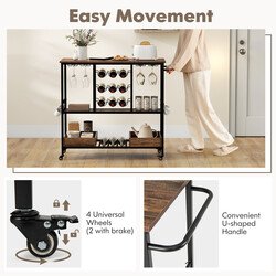 Rustik serveringsvagn med hjul, glashållare, vinförvaring och krokar i brun trädesign