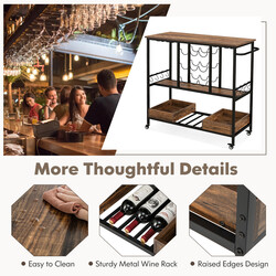 Rustik serveringsvagn med hjul, glashållare, vinförvaring och krokar i brun trädesign