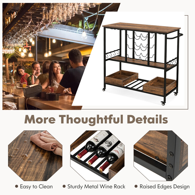 Rustik serveringsvagn med hjul, glashållare, vinförvaring och krokar i brun trädesign