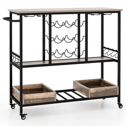 Rustik serveringsvagn med hjul, glashållare, vinförvaring och krokar i brun design