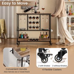 Rustik serveringsvagn med hjul, glashållare, vinförvaring och krokar i brun design