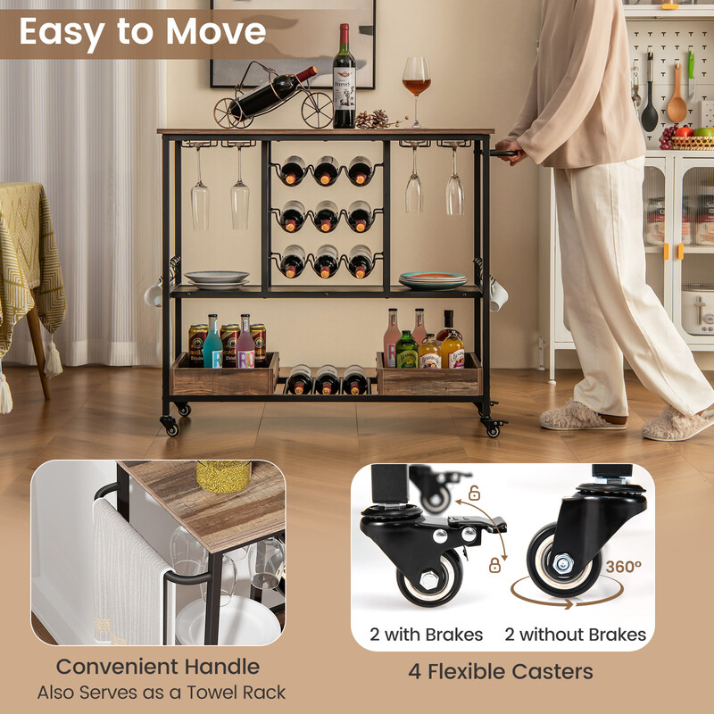 Rustik serveringsvagn med hjul, glashållare, vinförvaring och krokar i brun design