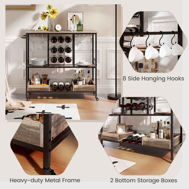Rustik serveringsvagn med hjul, glashållare, vinförvaring och krokar i brun design
