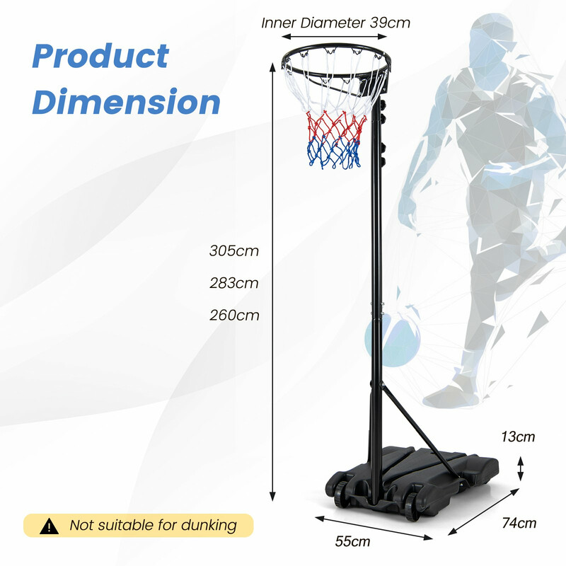 Justerbar basketställning för utomhusbruk med stabil bas och hjul, höjd 260-305 cm