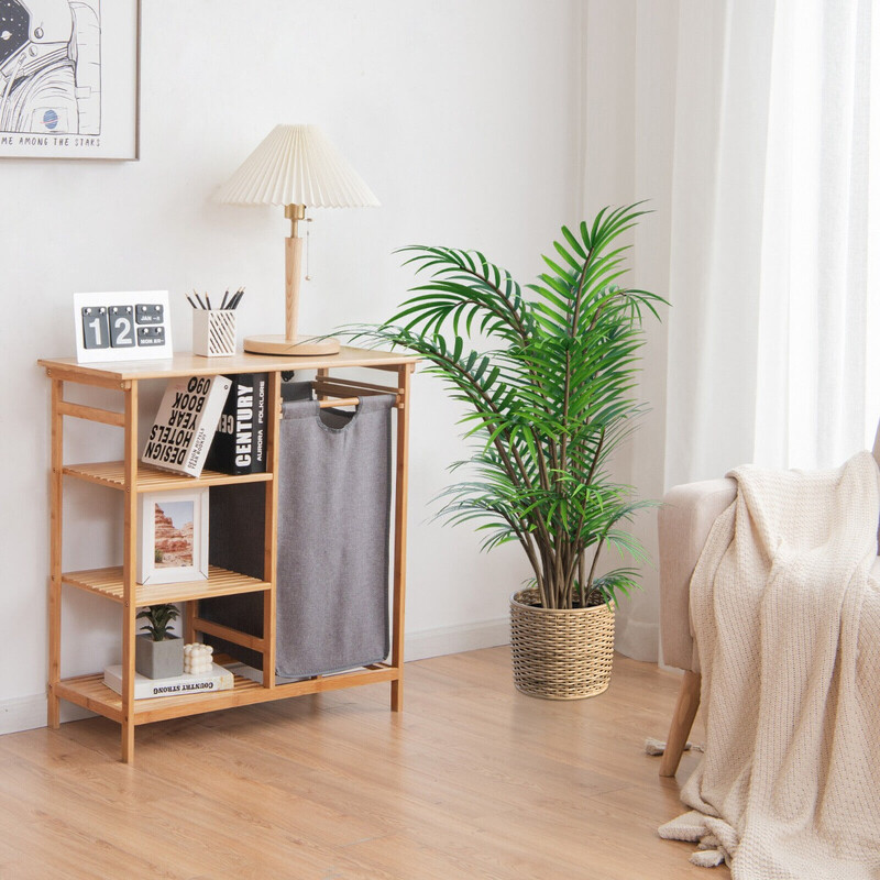 Naturlig bambu tvättkorg med hyllor och avtagbar korg för praktisk förvaring