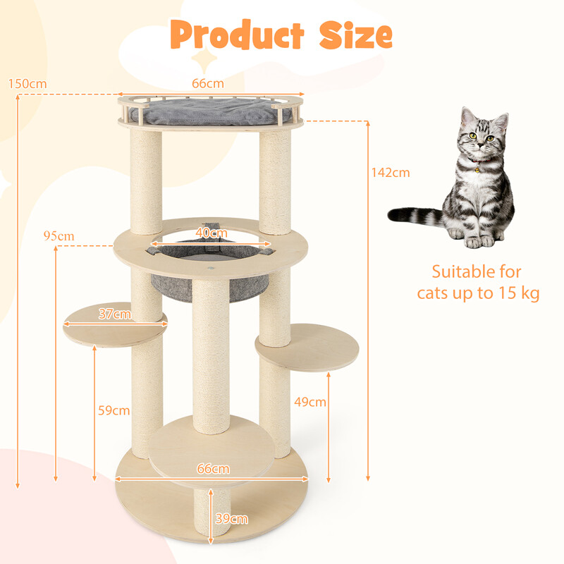 Kattens lyxiga klätterträd med hängmatta och hållbara klöspelare 66 x 66 x 150 cm