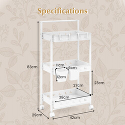 Vit trevånings rullvagn med hjul och hängande koppar för flexibel förvaring i hemmet