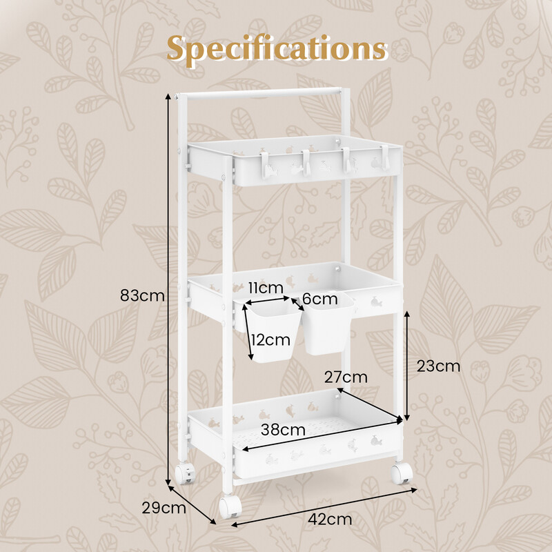 Vit trevånings rullvagn med hjul och hängande koppar för flexibel förvaring i hemmet