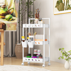 Vit trevånings rullvagn med hjul och hängande koppar för flexibel förvaring i hemmet