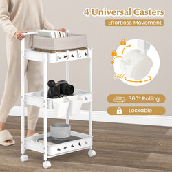 Vit trevånings rullvagn med hjul och hängande koppar för flexibel förvaring i hemmet