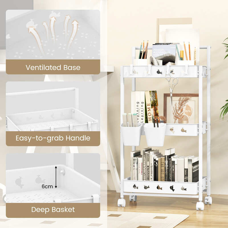 Vit trevånings rullvagn med hjul och hängande koppar för flexibel förvaring i hemmet