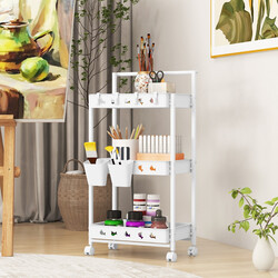 Vit trevånings rullvagn med hjul och hängande koppar för flexibel förvaring i hemmet