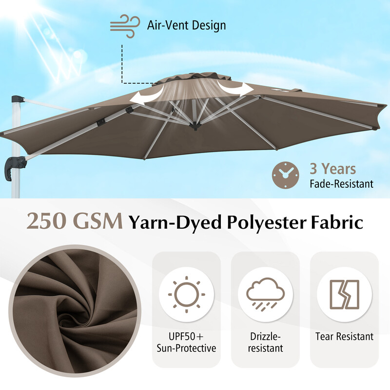 Brun 325 cm parasoll med vev, 360° rotation och UPF 50+ solskydd för trädgård